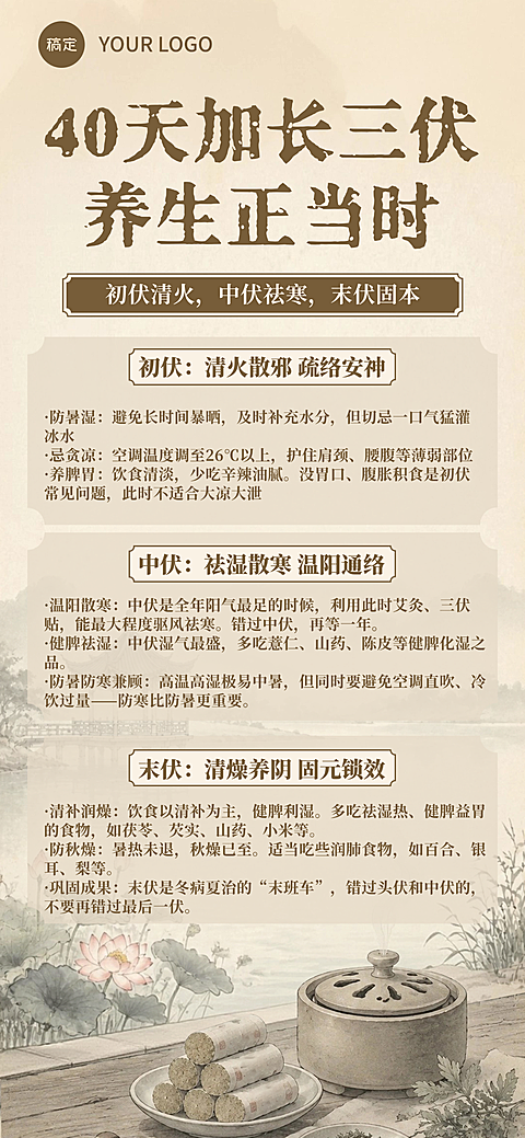 找相似 我的创作 三伏养生科普食疗艾灸保健中式感国风插画全屏竖版海报