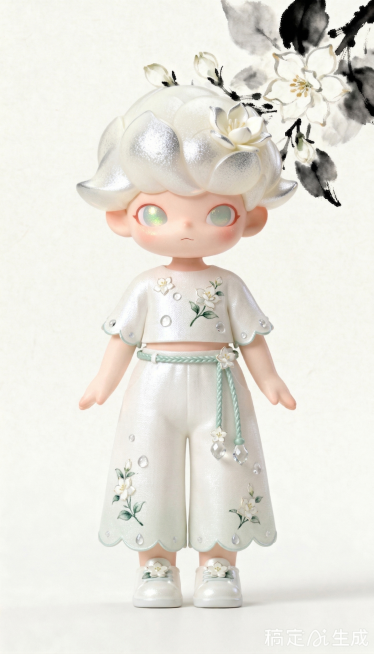 基于参考角色，保持原角色特征和发型不变，设计一套可爱风格的现代衣服搭配，融入茉莉、清露元素，白色背景预览效果