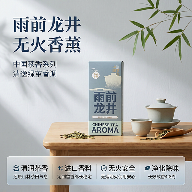 [主图 1] 雨前龙井无火香薰空间场景氛围首图。[氛围风格] 新中式东方禅意，清雅高级极简国风，松弛治愈氛围感。[画质] 商业摄影质感，光线柔和通透，产品清晰真实，画面干净高级。[元素] 雨前龙井无火香薰产品居中展示，摆放在极简新中式原木茶桌上，旁边搭配简约干茶茶具和龙井茶叶作为点缀，背景是素雅浅灰墙面点缀几枝竹枝，营造东方禅意氛围。保持产品外观（物理结构、材质质感、颜色）与输入产品图绝对一致，杜绝任何变形和色差，精细化处理。商品主体占比严格控制在60%-80%之间，大图满铺无边框。[光影] 柔和的侧向自然光，整体光影均匀通透，突出产品的质感和东方雅致氛围，高光柔和，暗部有层次，无过曝死黑。[配色] 主色调为浅青灰色搭配原木色和产品本身的墨绿色，清雅干净，国风配色，低饱和度。[视角构图] 平视视角，景深适中，产品为绝对视觉中心，前景背景层次分明，产品完整不裁切。[文字版式] 左上负空间左对齐留安全边距，主标题“雨前龙井 无火香薰”深蓝色最大号粗体国风字体，副标题“中国茶香系列 清逸绿茶香调”字号约为标题一半，同色系浅色调。底部通栏半透明渐变蒙层均分四列，列内上标题下说明左对齐：列一「🍵 清润茶香」「还原山林茶田气息」列二「✨ 进口香料」「定制留香绵长稳定」列三「✅ 无火安全」「无烟明火使用安心」列四「🍃 净化除味」「长效散香4-8周」；列标题同字号，说明同字号，标题重于说明，深字与浅底强对比，现代国风字体。[比例分辨率] 1:1比例，2k分辨率，文字清晰锐利，画面超高清。[负向提示词] 变形，水印，文字错乱，产品图模糊，背景杂乱，配色刺眼，遮挡主体，文字不清晰。