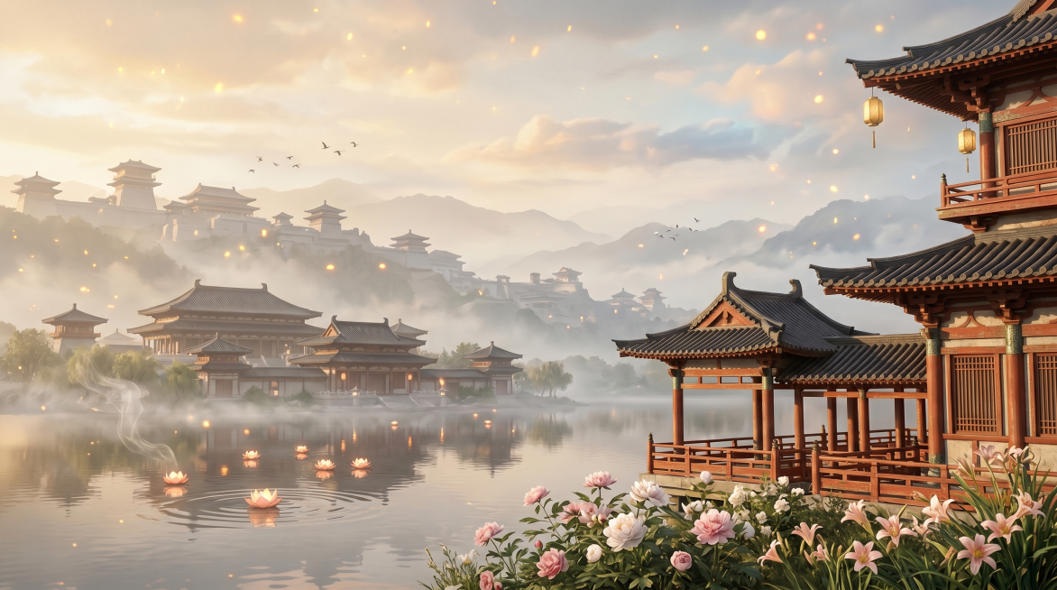 顶级画质, 8K超清, 细节拉满, 电影级渲染, UE5写实厚涂，三国古风手游庆典背景，适配初夏节日主页/王城休闲/时令庆典/高端充值页面，纯场景无角色，无文字无UI无logo，干净简约，六月初夏清和预览效果