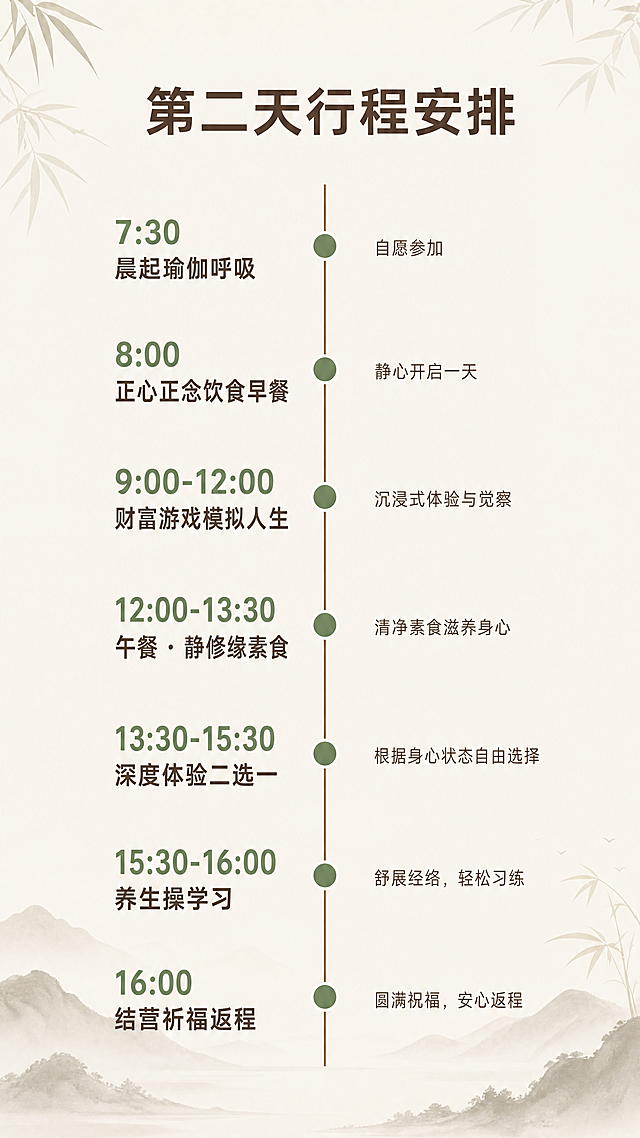 赋能团建

—— 不是团建，是一次团队的“心”充电

你有没有发现：
团建越搞越累，员工越玩越敷衍；
吃饭唱歌漂流，回来后该有的隔阂一点没少；
团队不是没有能力，是“心”不在一起。

真正的团建，不是消耗体力，而是恢复心力。

静修缘 · 赋能团建，专为需要“真正放松一次”的团队设计。
一天一夜，不搞体能拉练，不搞尴尬游戏。
我们只做一件事：让每个人回到自己，让团队自然靠近。

---

为什么是“赋能团建”

· 不折腾：下午报到，次日下午返程，时间紧凑不拖沓
· 不尴尬：所有环节都可静可动，不强制互动，不搞情绪绑架
· 有收获：每个人都能带走属于自己的觉察——而不是一身酸痛
· 有记忆点：祈福、茶礼、篝火、歌舞、财富游戏……走心又走肾
· 灵活包容：10人成团，80人以内均可承接

适合这样的团队：

· 高强度脑力团队（互联网、设计、金融、咨询）
· 需要破冰但又不喜欢传统团建的年轻团队
· 创业公司、合伙人、核心管理层
· 任何“想给员工放个真假的老板”

---

赋能团建 · 一天一夜全流程

第一天

14:30  报到入住 · 体验断舍离
放下行李，也放下KPI。房间没有多余装饰，没有电视，没有你不需要的任何东西。不是简陋，是精简。你会发现：原来人不需要那么多物品，也能过得舒服。这一夜，只留必要的，只留清净的。

15:00  动态静心 · 开营合一（约45分钟）
不讲废话，直接从身体开始。在音乐与呼吸中，让身体先开口说话。紧绷的肩颈、憋了一周的情绪，在这里被允许松动。这也是一句无声的开场白：接下来的时间，你只需要做自己。

15:45  生命能量图画检测 + 万众一心抄经典（约40分钟）
快速入画，不拖沓。每人一张纸、一套彩笔，画出“我现在的状态”。老师快速看图、点出关键——不深挖，只照见。随后简短抄写经典选段，一笔一划让心沉下来。不追求工整，只追求当下。

（约16:30安排第一场茶歇）

16:30  NPC福禧赢取（约30分钟）
场地内藏着若干“福禧使者”，找到他们对暗号、完成小任务，就能赢取福禧币。福禧币可在结营时兑换小礼物——不是比谁多，是让每个人都动起来、笑起来。

17:15  晚餐 · 自由安排（费用不含）
这一餐，交给你们自己。静修缘周边有地道的农家菜、特色小馆，也可以让管家推荐当地人不肯说的隐藏菜单。想吃辣、想吃鲜、想吃点家乡味——随你。我们不捆绑，不强制，只负责帮你预订座位。

18:15  小赌怡情 · 筹码游戏（约60分钟）
每人发一份筹码，不是真赌，是看你在“赢”和“输”面前的第一反应。有人越赢越贪，有人一输就收，有人替别人操心……一小时下来，每个人的决策风格一览无余。笑声中，照见彼此。

19:30  自由活动 / 换装准备（30分钟）
回房换身舒服衣服，或去茶室喝口热茶，为晚间欢聚留点期待。

20:00  晚间欢聚（视天气二选一）

· 天气晴好：室外篝火晚会——围坐一圈，不强制发言。想唱歌就唱，想安静就安静。火焰会替你们融化隔阂。（篝火由静修缘免费提供）
· 风雨降温：室内青春歌舞会——麦克风交给你，想唱的老歌、想跳的舞、想重温的青春。没有评委，没有打分，只有“你敢上台，我们就敢鼓掌”。

想放烟花？ 可以。静修缘可代购或指引购买，烟花费用按实际选购单独结算，不含在报价内。篝火+烟花，才是真正的“焰火晚会”。

（晚间欢聚时长约1.5-2小时，视团队状态灵活收尾）

---

第二天

7:30  晨起 · 瑜伽呼吸（约30分钟，自愿参加）
不强迫起床。愿意来的，用呼吸和体式唤醒身体。

8:00  正心正念饮食 · 早餐
不是普通的吃早餐。止语，细嚼，觉知每一口食物的温度、味道、质地。你会发现：平时十分钟吃完的饭，今天吃了三十分钟，却比任何时候都饱足。把这份正念带回到日常的午餐、晚餐中，就是最好的团建延续。

9:00-12:00  财富游戏（完整3小时）
经典环节。每人一个角色，一张报表，三小时的模拟人生。有人破产，有人暴富，有人平稳一生。游戏不会说谎——你在游戏里的每一个选择，都是你在现实中的影子。更重要的是：你会看见队友在压力下的样子，那种看见，比任何团建都深刻。

（约10:30安排第二场茶歇）

12:00-13:30  午餐 · 静修缘素食（费用包含）
回到静修缘的餐桌。一蔬一饭，无肉无腥，却让很多人吃完说“原来素食可以这么满足”。不是委屈胃，是让身体真正休息一顿。

13:30-15:30  深度体验（二选一，2小时）

· 格物致知体验：王阳明“格竹子”的故事听过吧？我们“格”一样具体的东西——可能是一杯水，可能是一片叶子。不思考，只观察。你会发现：当你不急着定义一件事的时候，反而看懂了它。这也是团队沟通的底层心法。
· 静坐体验：2小时完整静坐引导。从数息到随息，从散乱到专注。对于从未静坐过的团队，这是一次珍贵的入门；对于有经验的团队，这是一次深度的集体共修。

（约15:00安排第三场茶歇）

15:30-16:00  美容美体养生操学习（约30分钟）
学一套五分钟就能做的办公室养生操。脖子僵了怎么做，眼睛酸了怎么按，久坐后腰怎么松。不复杂，不费力，回到公司第二天就能用。带得走的关心，才是真的团建。

16:00  结营 · 祈福 · 返程
每个人在祈福牌上写一句话——可以给自己，可以给团队。挂在祈福树上，风吹过时，愿望会被听见。不发纪念品，只拍一张合照。照片会在三天内发到每个人手机，配一句话：“下次累了，再来。”

---

费用说明（一目了然）

费用包含：

· 住宿：断舍离式清净房间一晚
· 餐饮：第二天早餐（正心正念饮食）+ 第二天午餐（静修缘素食）
· 茶歇：共三顿（第一天下午、第二天上午、第二天下午）
· 所有课程及活动：动态静心、生命能量图画检测、抄经典、NPC福禧赢取、筹码游戏、财富游戏、格物致知或静坐二选一、美容美体养生操、结营祈福
· 晚间篝火（免费提供）
· 导师费、物料费、场地费

费用不含：

· 第一天晚餐（客人自由选择当地特色饮食，丰俭由人）
· 烟花费用（如需燃放，按实际选购单独结算）
· 个人消费及往返交通（30人以上团队除外，见下方专车说明）

专车接送（限30人以上团队）：

· 单次报名满30人，可免费安排专车接送（接和送各一趟）
· 接送范围：静修缘周边50公里以内（例：机场、高铁站、公司所在地）
· 不满30人如需用车，可代订车辆，费用自理

报价方式： 按人报价，10-80人均可承接，具体请咨询客服。

---

团队接待标准

· 人数：10-80人（超出需定制方案）
· 住宿：断舍离式清净房间。无电视、无多余陈设，只留必要的。
· 餐饮：除第一天晚餐自理外，其余均为静修缘定制素食
· 定制：可根据团队行业、状态、目标调整流程
给我做套活动详情页