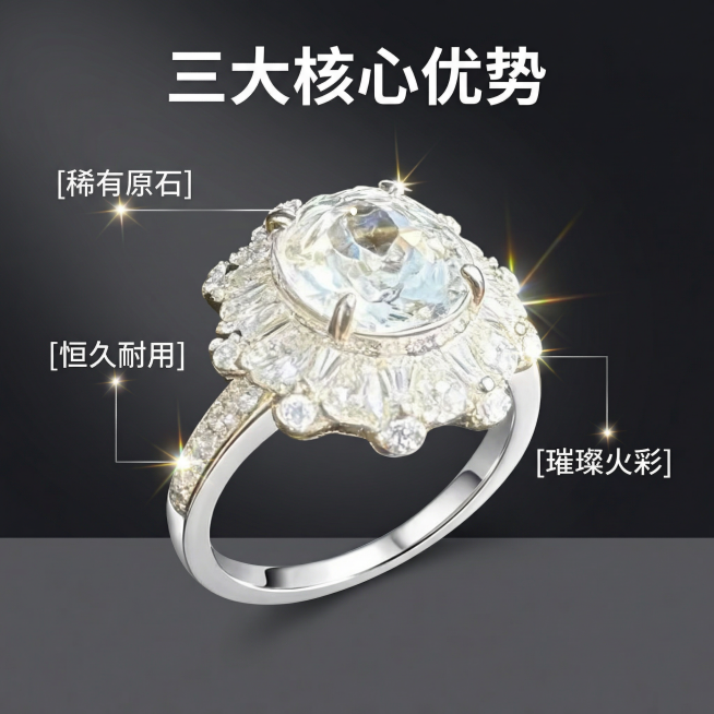 [主图 2] 钻石戒指核心卖点展示
[氛围/风格] 轻奢高级，专业质感，突出三大核心优势。
[画面元素] 保留原戒指外观，钻石居中展示，产品干净清晰。使用极细引线分别标注核心亮点，每个亮点旁配光点定位预览效果