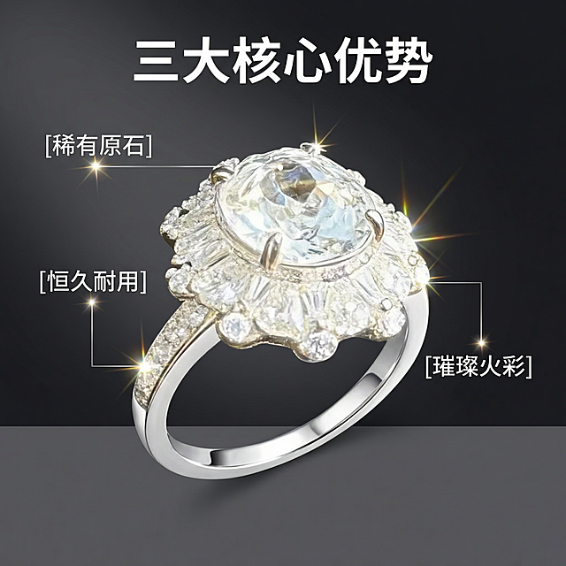 [主图 2] 钻石戒指核心卖点展示
[氛围/风格] 轻奢高级，专业质感，突出三大核心优势。
[画面元素] 保留原戒指外观，钻石居中展示，产品干净清晰。使用极细引线分别标注核心亮点，每个亮点旁配光点定位。保持钻石璀璨光泽和纯银金属质感。
[配色色系] 深灰色渐变背景，主色：高级灰，文字：白色浅金搭配。
[视角构图] 中心对称构图，产品占据画面中偏上位置，下部留白放文案。
[文字版式] 主标题 "三大核心优势"，顶部居中白色粗体；三个卖点：[稀有原石] [恒久耐用] [璀璨火彩]，竖向排列带细引线标注对应位置，字体干净无衬线，深浅对比清晰。不遮挡戒指主体。
[比例分辨率] 1:1 比例，2k分辨率，保持产品外观与原图一致。