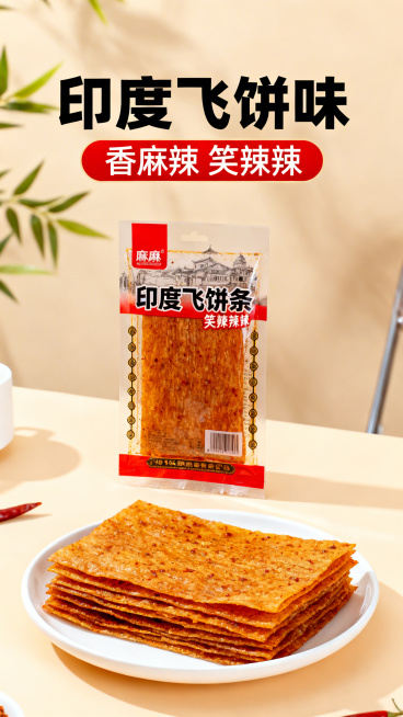 9:16竖版商品主图，香麻辣味印度飞饼辣条，单包包装竖直摆放在浅米色桌面，前景盘子里整齐叠放几片薄辣条，暖调柔和自然光，全屏铺满无白边，主标题文字印度飞饼味，副标题香麻辣 笑辣辣，文字悬浮于画面顶部，预览效果