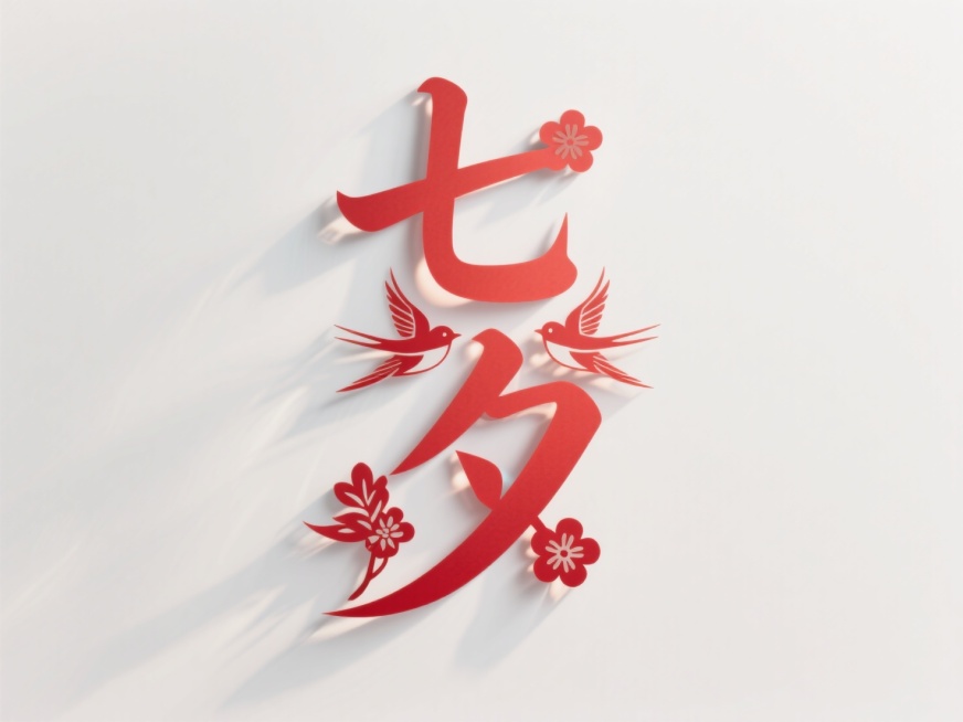 竖向红色文字"七夕"，线条流畅，剪纸艺术字。创意字体设计点缀两只喜鹊、花朵元素，喜庆氛围。白色背景，所有元素共同构成一个剪纸艺术的窗花预览效果