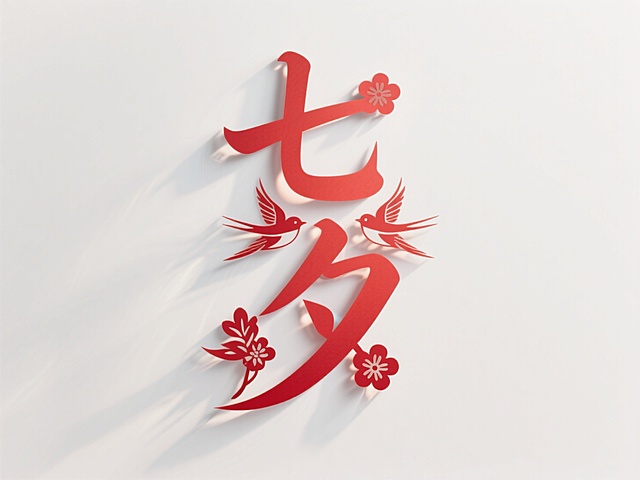 竖向红色文字"七夕"，线条流畅，剪纸艺术字。创意字体设计点缀两只喜鹊、花朵元素，喜庆氛围。白色背景，所有元素共同构成一个剪纸艺术的窗花