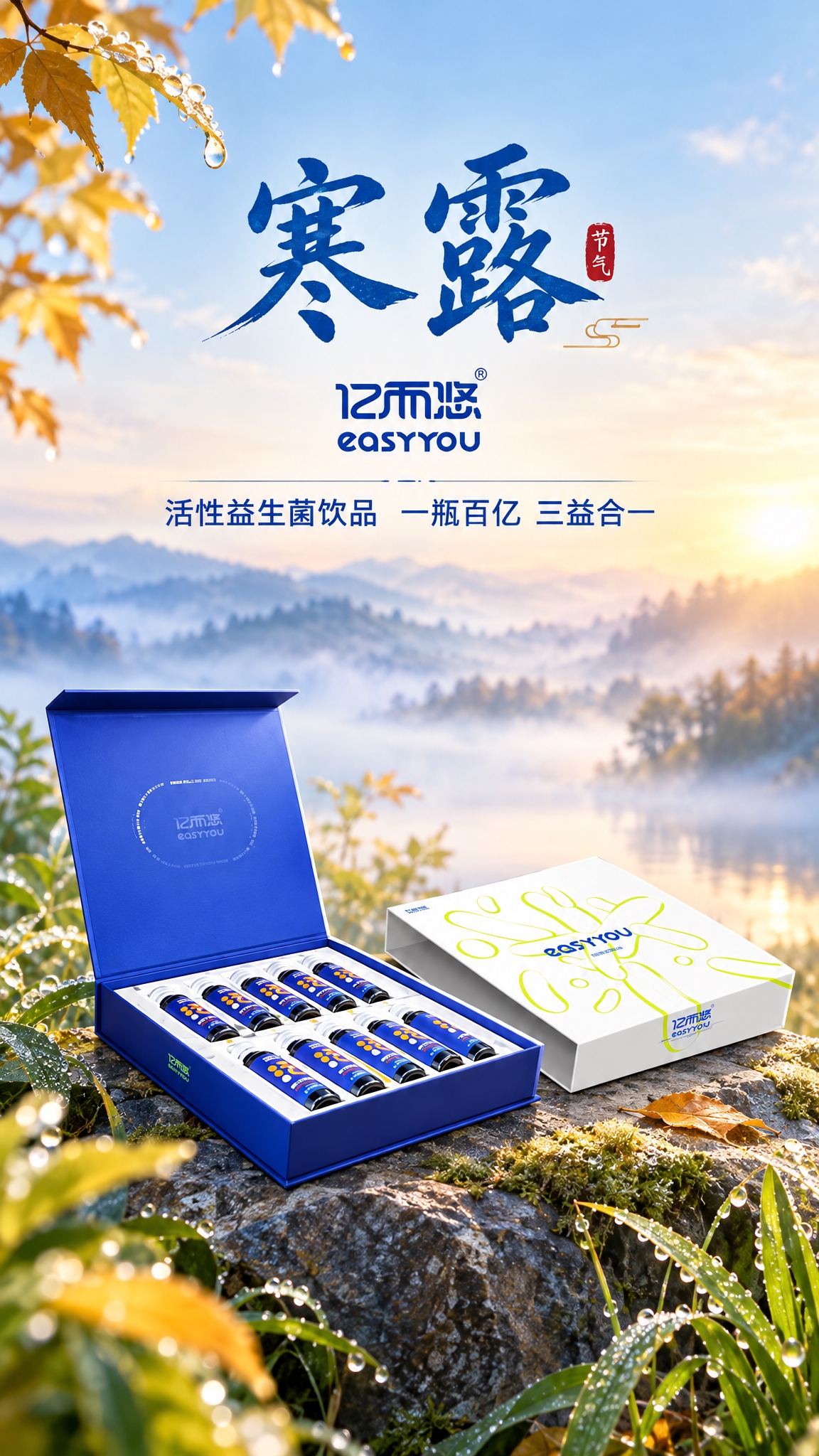 基于图中的亿而悠活性益生菌饮品产品，生成寒露节气海报。画面保留… - 图片创意预览