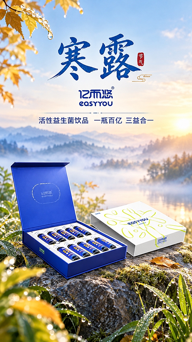 基于图中的亿而悠活性益生菌饮品产品，生成寒露节气海报。画面保留产品礼盒和口服液的主体，背景改为寒露节气氛围：清晨带有露水的植物、清冷的秋日晨雾、淡蓝色与暖黄色渐变的秋日天空，整体风格清新治愈、高级有质感。画面上方有大字标题"寒露"，下方有品牌名"亿而悠 easyyou"和产品卖点"活性益生菌饮品 一瓶百亿 三益合一"，文字排版美观大气，符合节气海报调性。