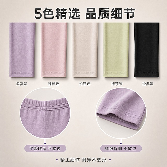 [主图-4] 多色可选与细节做工展示图，主题：5色精选 品质细节。
[统一基调] 浅暖灰渐变背景，主标题深灰粗体无衬线字，辅助文案浅灰小字，强调色柔紫色，整体简约高级舒适亲肤，突出品质感。
[画面] 画面上半部分横向排列5条秋裤的局部裤腿展示，从左到右依次为淡紫色、裸粉色、米杏色、嫩绿色、黑色，每条只展示中段裤腿，整齐排列，展示丰富的颜色选择。画面下半部分左侧为裤腰细节特写，展示平整的腰头做工和细密的车线；右侧为裤脚细节特写，展示平整的裤脚收边和精细的缝线工艺。两个细节特写用圆形放大框呈现，配有细引线说明。背景为柔和的浅暖灰渐变。
[光影质感] 商业摄影质感，细节特写处光线充足，车线和面料纹理清晰可见，做工精细，质感真实，阴影柔和自然。
[配色] 背景浅暖灰渐变，主标题深炭灰色，颜色名称文字中灰色，细节说明文字深灰色，强调色柔紫色。
[文字版式] 画面顶部居中大主标题"5色精选 品质细节"，粗体大字。上半部分每条秋裤下方标注颜色名称："柔雾紫"、"裸粉色"、"奶杏色"、"抹茶绿"、"经典黑"。下半部分左侧细节框下方标注"平整腰头 不卷边"，右侧细节框下方标注"精细裤脚 不散边"。底部一行小字"精工细作 耐穿不变形"。所有文字清晰可读，布局均衡。
[输出要求] 1:1正方形，2048x2048，文字清晰锐利，细节做工清晰。负向：变形、错字、模糊、杂乱、水印、平台Logo、模特、人物、悬浮、穿模、色差。
