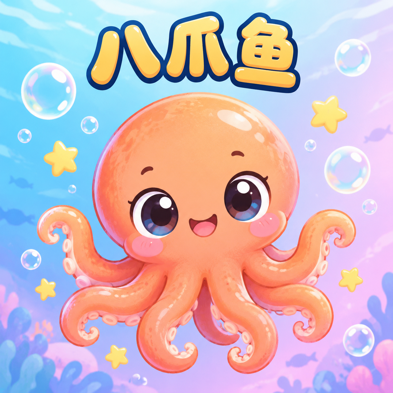 一张可爱的卡通章鱼插画小图，画面中央是一只拟人化的卡通章鱼：圆… - 图片创意预览