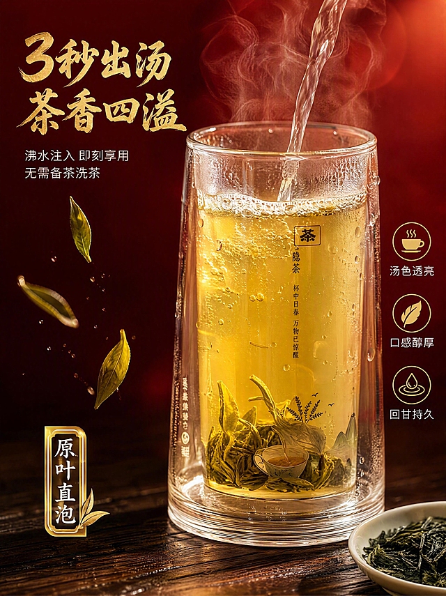 [第3张] 口感与质地特写-冲泡瞬间茶汤金黄茶叶舒展微距。本张使用【图1】作为产品外观参考。
[氛围/风格] 高端国潮新中式风格，清透明亮，茶汤诱人，商业摄影质感。
[元素布局] 画面中央偏右为一只隐茶杯冲泡中的特写（杯身保持原图国风图案），沸水刚注入杯中，茶汤金黄透亮，杯底茶叶正在缓缓舒展，水面有细密气泡与袅袅热气。左侧悬浮几片正在下落的干茶叶，增加动态感。杯壁有细微水珠，体现温度感。背景深红渐变虚化，底部深色实木桌面。右下角放置一小碟干茶叶做点缀。保持杯身外观（图案、材质、颜色）与输入产品图一致。茶杯主体占比约55%。
[光影质感] 侧逆光从右后方射入，穿透茶汤形成通透的金黄光晕，杯口热气在逆光下清晰可见；正面柔光补亮杯身细节；茶汤表面有自然高光，茶叶纹理清晰；整体光影通透干净。
[配色色系] 全局底色 #8B0000 深红渐变；主色茶汤金黄+中国红；辅助色烫金；点缀色茶叶翠绿。
[视角构图] 平视微侧角度，茶杯为绝对视觉中心，左侧下落茶叶做动态点缀，景深较浅突出茶汤质感。
[文字版式] 左上负空间左对齐。主标题「3秒出汤 茶香四溢」烫金粗书法体；副标题「沸水注入 即刻享用 无需备茶洗茶」白色细黑体。右侧中部用三个金色圆形小图标+白字竖排：「汤色透亮」「口感醇厚」「回甘持久」。底部左侧金色印章式标签，内写「原叶直泡」白字。
[比例分辨率] 3:4 竖版比例，4K 分辨率，文字清晰可辨，高清画质。
[负向提示词] 变形，水印，文字错乱，文字过小，缺件错件，结构错误，颜色偏差，产品图模糊，背景杂乱。