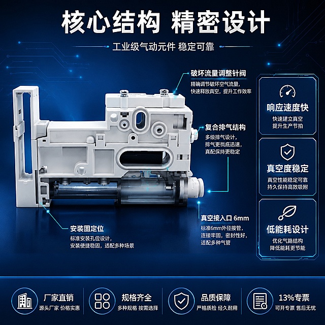 [主图-2] 真空发生器核心结构亮点技术页。
[氛围风格] 深蓝工业科技风，技术解析感，精密结构展示；
[画质] 商业产品摄影质感、结构清晰锐利、金属塑胶材质真实、冷调光影。
[元素] 真空发生器主体大图居中偏左，右侧及周围分布结构引线标注。背景为深蓝渐变科技感背景，带有细微电路纹理与冷蓝色光点。画面中用细白线+圆点引出4处关键结构：破坏流量调整针阀、复合排气结构、真空接入口、安装固定位。每个标注点配短说明文字。右侧中部有参数信息块。**保持真空发生器外观（物理结构、材质质感、颜色、各部件位置）与输入产品图绝对一致，杜绝任何变形和色差**。商品主体占比约65%；画面满版高信息密度。
[光影] 冷调侧光为主，突出产品立体结构与材质对比；金属部件有锐利高光，塑胶部件哑光细腻；右侧冷蓝光补光；整体光影干净利落，科技感强。
[配色] 主色调深蓝、科技蓝；辅助色银白、冷灰；标注线与亮点用亮青色点缀。
[视角构图] 正面平视微偏角度，主体偏左，右侧为信息区；构图饱满，信息层级分明。
[文字版式] 顶部居中主标题「核心结构 精密设计」白色粗体大字；下方小字副标题「工业级气动元件 稳定可靠」银灰色。主体周围4处引线标注：「破坏流量调整针阀」「复合排气结构」「真空接入口 6mm」「安装固定位」，白字+亮青色引线圆点。右侧竖排三个参数块：「响应速度快」「真空度稳定」「低能耗设计」，每块上大字下小字，深蓝底白边。底部通栏四个服务卖点：「厂家直销」「规格齐全」「品质保障」「13%专票」，等距排列。
[输出要求] 1:1比例，文字清晰锐利可辨，超高清商业摄影质感；
[负向提示词] 变形，文字错乱，产品模糊，背景杂乱，水印，电商平台Logo。