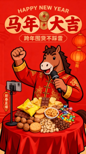 马年创意营销海报，夸张卡通拟人马（粗线条、一只手握拳鼓劲，一只手举着话筒贴紧嘴边），穿着红金刺绣唐装。下方铺红绸桌布的圆桌摆着图示商品，点缀带 “新春直播” 标识的灯笼立牌。正红背景，顶部英文 “HAPPY NEW Y预览效果