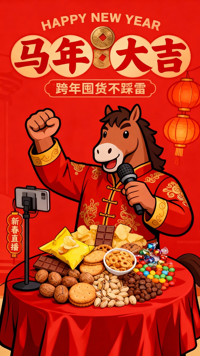 夸张卡通拟人马（粗线条、一只手握拳鼓劲，一只手举着话筒贴紧嘴边），穿着红金刺绣唐装。下方铺红绸桌布的圆桌摆着图示商品，点缀带 “新春直播” 标识的灯笼立牌。正红背景，顶部英文 “HAPPY NEW YEAR”，中间大标题 “马年大吉”（朱红烫金字体 + 内嵌铜钱图标），下方副标 “跨年囤货不踩雷”