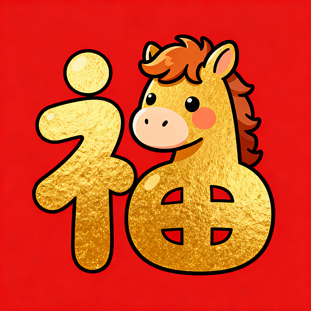 红底金福字，福字的点设计成圆滚滚的卡通马脸，带有俏皮马鬃，金色福字活泼可爱