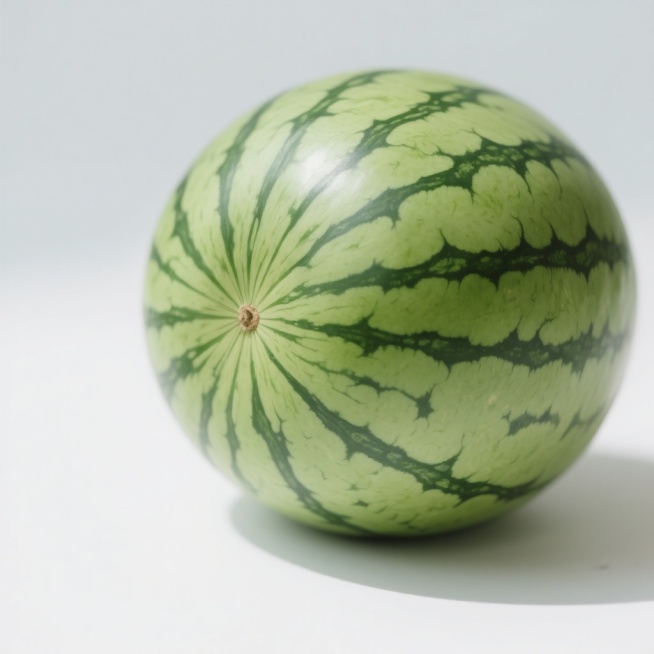 一个完整的西瓜，绿色外皮带有深绿色条纹，表面光滑，放置在白色背景上，光线明亮柔和，高清细节预览效果