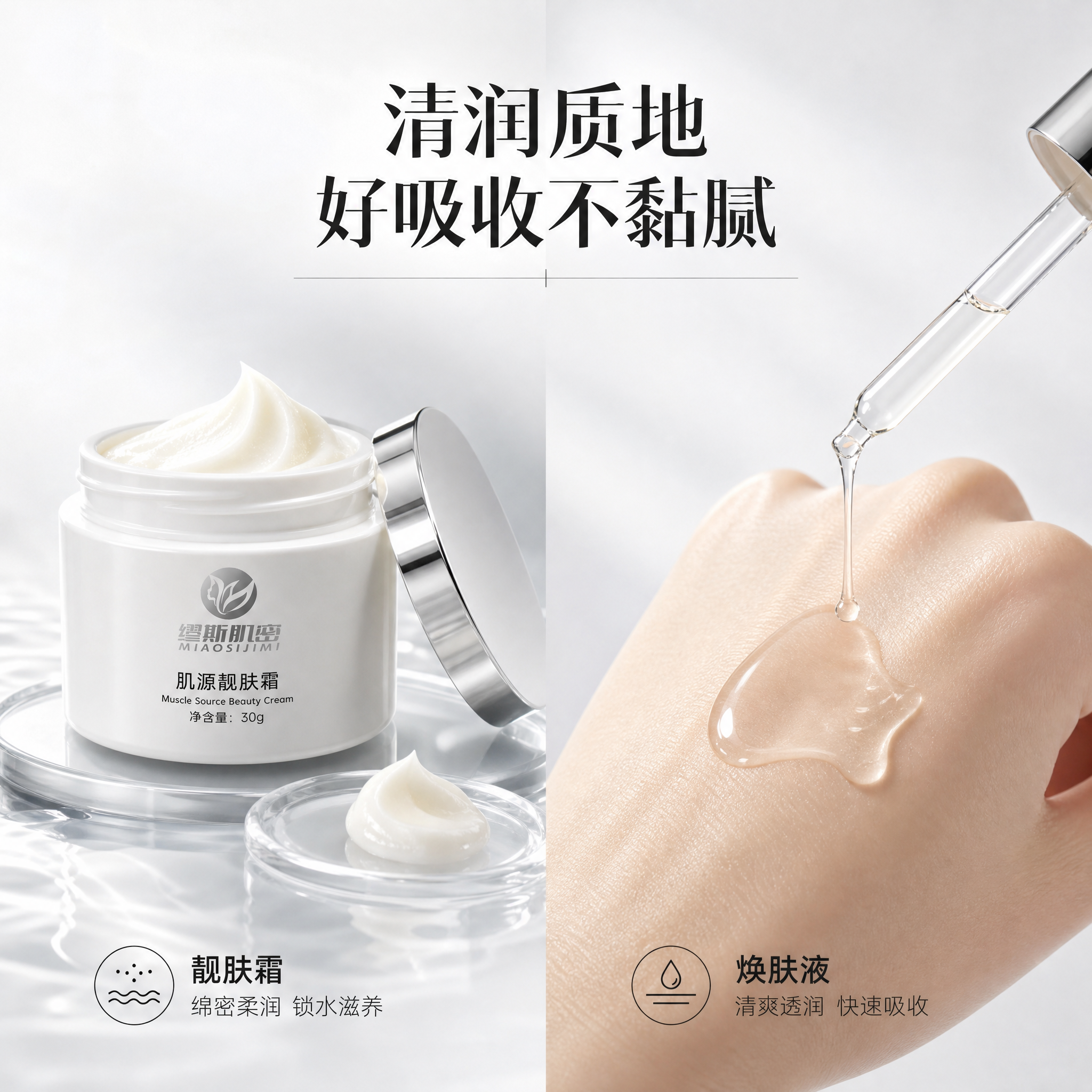 [主图-3] 质地与肤感展示，呈现靓肤霜细腻柔润质地与焕肤液清… - 图片创意预览