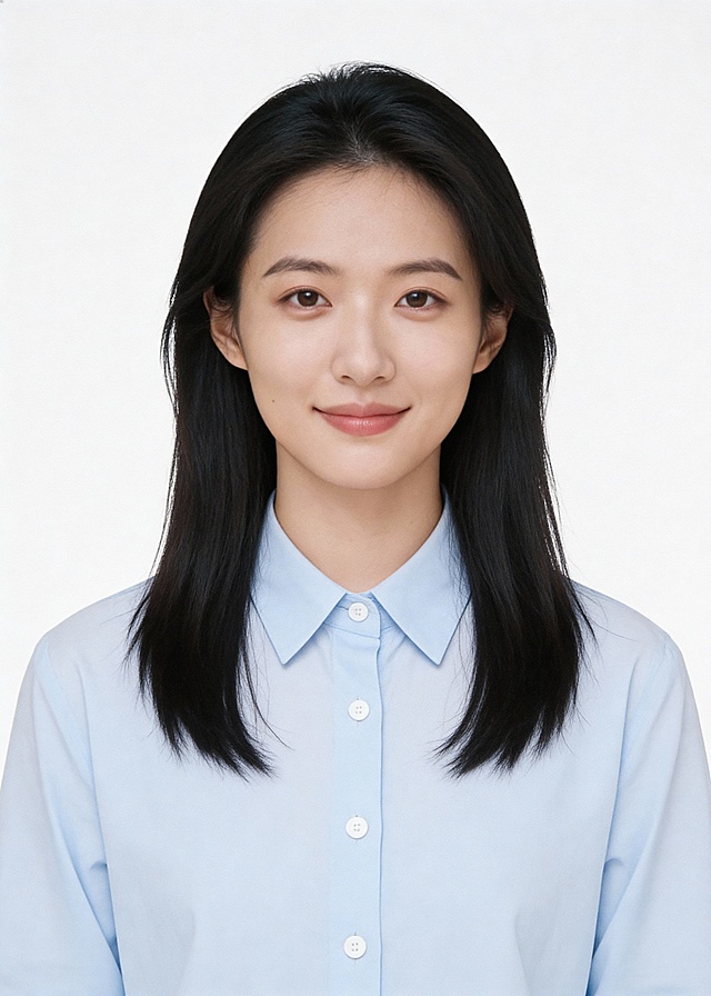 简约正式蓝色衬衫女生白底证件照