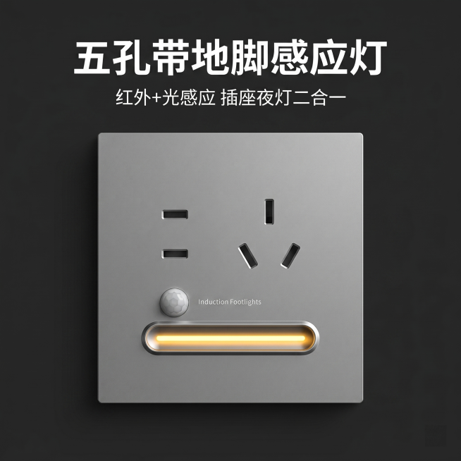 [主图 1] 方形1:1五孔带地脚感应灯产品首图。[氛围风格] 现代简约科技风，干净高级商业质感。[画质] 商业摄影质感、光线柔和通透、产品清晰真实、画面干净高级。[元素] 灰色五孔带地脚感应灯居中展预览效果