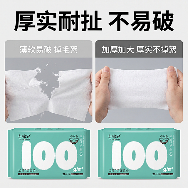 [主图 5] 老棉农加厚洁面柔巾耐用对比图。[氛围风格] 直观对比可信风；[画质] 商业摄影质感、光线柔和通透、产品清晰真实、画面干净高级。[元素] 左右分栏对比展示，左侧普通薄款洁面巾一扯就破，右侧本品洁面巾用力拉扯依然完整，下方放置两包原产品包装。保持本品包装外观（物理结构、材质质感、颜色）和原图一致，杜绝变形色差，精细化处理。整体画面干净满屏无边框，本品占比更大更突出。商品主体总占比约 70%。[光影] 均匀柔光，对比清晰，没有过暗过亮区域。[配色] 浅灰色背景，本品提蓝绿色突出视觉重心，干净高级。[视角构图] 平视对称构图，对比清晰。[文字版式] 顶部标题大字 "厚实耐扯 不易破"，黑体粗体；右侧对应本品标注 "加厚加大 厚实不掉絮"，深灰色文字，左侧普通款标注 "薄软易破 掉毛絮"，浅灰色文字。对比清晰，不遮挡主体。[比例分辨率] 1:1 比例，2k分辨率；文字清晰锐利，画面超高清。[负向提示词] 变形，水印，文字错乱，产品图模糊，背景杂乱。