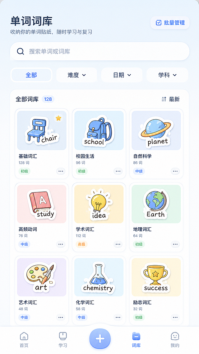 单词词库分类页，展示收纳的单词贴纸，支持按难度、日期、学科分类整理，顶部搜索框，批量管理按钮，设计风格：清新简约，浅奶蓝主色调，全圆角，层次清晰留白充足