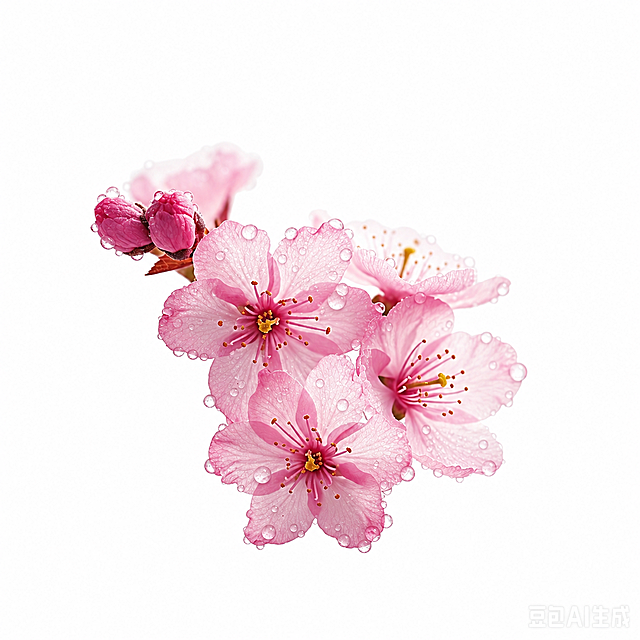 为这张桃花图片添加一些大水珠，水珠分布自然，保持花朵和背景原有效果不变
