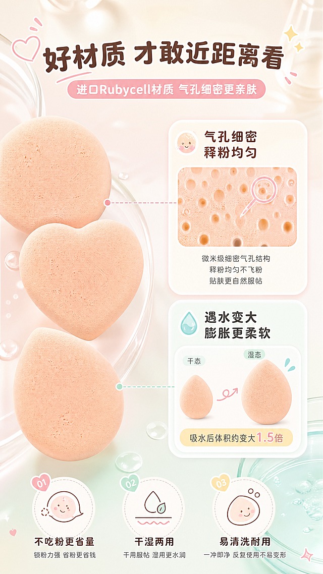 [商品] 使用【图3】三个粉扑底面（肤色亲肤面）；保留爱心形、水滴形、圆形三个粉扑的底面肤色材质、形状轮廓；商品处理：保留形状和肤色材质，放大展示气孔细密纹理，增强材质质感表现。
[画面] 目标：材质与功效页，展示Rubycell亲肤材质+遇水膨胀机理。构图：左侧大特写粉扑底面材质微距（占画面40%），右侧上下排列材质机理示意+遇水变大对比图。背景：浅米色+科研感透明器皿/水滴元素，营造成分机理专业感。核心元素（气孔微距、分子示意、水滴）放大占主视觉50%以上。
[视觉] 套系策略：风格=甜美少女风商业摄影；标题字=圆润可爱粗体字；正文字=简洁圆润无衬线体；主色=马卡龙粉+薄荷绿；背景延展=基于粉绿做渐变、同色系深浅层级、柔和光斑和可爱装饰元素；强调色=奶黄色，仅用于小面积图标、标签和高光点缀；标题色=深棕咖色；正文色=暖灰色；组件=圆角奶白信息卡、虚线引线、可爱图标；光影=顶部柔光灯效，整体明亮通透，产品有柔和投影。
[文字] 顶部主标题"好材质 才敢近距离看"，副标题"进口Rubycell材质 气孔细密更亲肤"。右侧上："气孔细密 释粉均匀"配气孔放大示意+说明；右侧下："遇水变大 膨胀更柔软"配干/湿状态对比小图+"吸水后体积约变大1.5倍"。底部3条小卖点：①不吃粉更省量 ②干湿两用 ③易清洗耐用。文字横排。
[规格] 图片比例9:16竖版，4K，避免变形、错字、文字过小、冷蓝背景、医疗化表述。