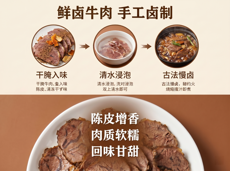 保持图片整体构图、产品、光影、配色完全不变，所有文字内容和格式位置都保留，产品外观保持不变，仅将图片顶部大标题里的"陈皮牛肉"替换为"鲜卤牛肉"，文字字体、大小、颜色位置都不变，比例4:3，超高清。[预览效果