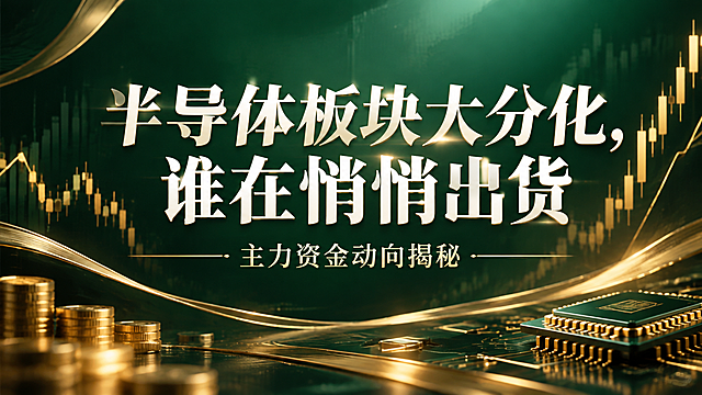 16:9横版股市财经海报，高级墨绿色渐变背景，带有金色股票走势图线条装饰，中央醒目白色大字标题"半导体板块大分化，谁在悄悄出货"，下方小字"主力资金动向揭秘"，整体风格高端奢华，金融质感，墨绿色配金色，高级商务风