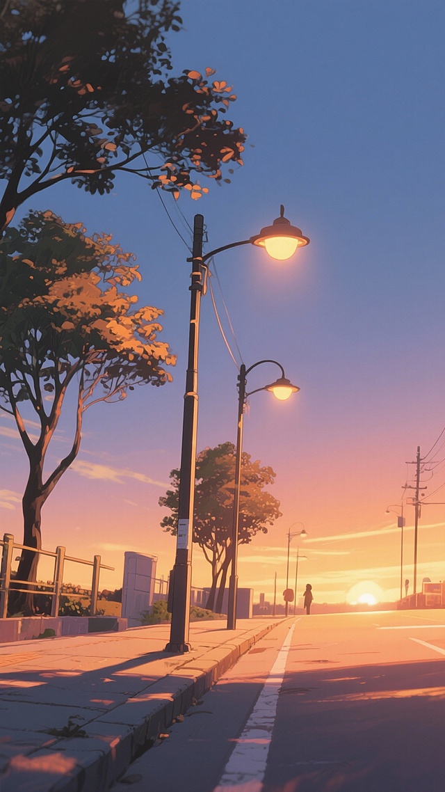 二次元，路边路灯，氛围回忆，暖洋色，不要人物，细节丰富，9:16，生成二张