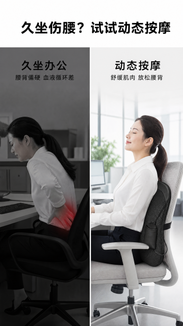 [第2屏] 痛点与解决屏-久坐腰背酸痛问题解析。
[氛围/风格] 对比说明风格，干净简约版式，清晰直观，真实办公场景质感。
[元素布局] 采用左右对比构图，左侧展示使用前痛点场景：普通座椅无支撑，久坐预览效果