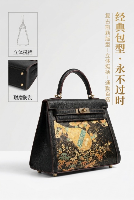 基于上传产品图保持所有细节不变，45度侧视角展示产品，清晰呈现经典凯莉包型的立体轮廓、金属锁扣、手提带与包身结构，莳绘纹样完整可见。画面右侧竖排放置主标题"经典包型 · 永不过时"，衬线烫金字体，视觉预览效果
