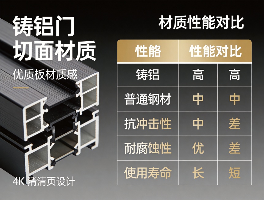 材质解析模块，背景为深灰色渐变，左侧展示铸铝门切面材质细节特写，呈现致密纹理与优质板材质感，右侧是性能对比表格，对比铸铝与普通钢材在抗冲击性、耐腐蚀性、使用寿命的差异，文字颜色为白色和浅金色，突出材质预览效果