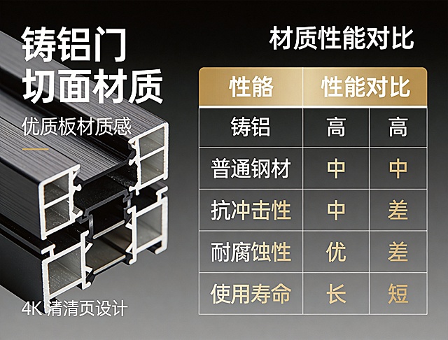 材质解析模块，背景为深灰色渐变，左侧展示铸铝门切面材质细节特写，呈现致密纹理与优质板材质感，右侧是性能对比表格，对比铸铝与普通钢材在抗冲击性、耐腐蚀性、使用寿命的差异，文字颜色为白色和浅金色，突出材质优势，排版规整专业，电商详情页设计，4K高清