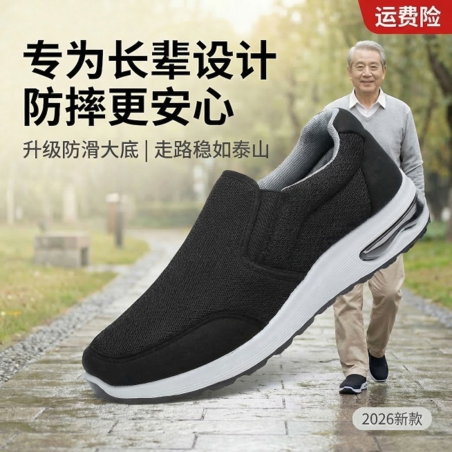 将画面中心的黑色防滑老人鞋进一步放大，保持占据画面核心位置，鞋子细节更清晰，背景的公园石板路/湿滑瓷砖场景和行走的老人、右上角「运费险」标签、所有指定文案均保留，布局协调合理，风格与原图保持一致。预览效果
