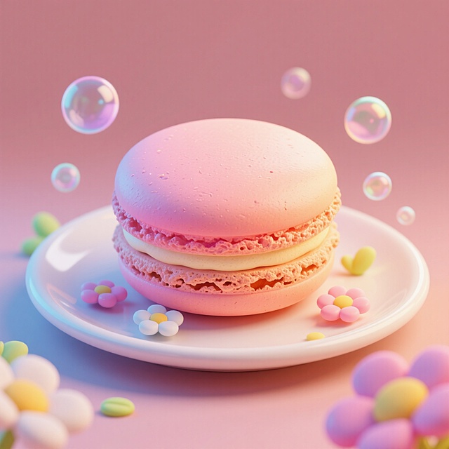 梦幻软3D风马卡龙，甜美可爱，超现实主义泡泡与花朵点缀，营造浪漫节日氛围。