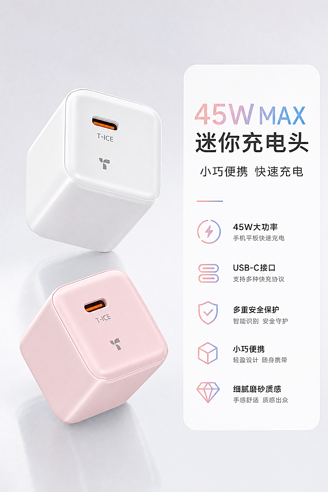 2:3 竖屏电商详情页，粉白两款充电头 45° 斜侧摆放，完整呈现圆角方块机身轮廓，壳体温润细腻哑光质感，浅灰白渐变背景，均匀棚拍柔光。画面右侧预留卖点文字卡片区域，简约图标点缀，电商图文排版，超写实渲染，8K 高清。