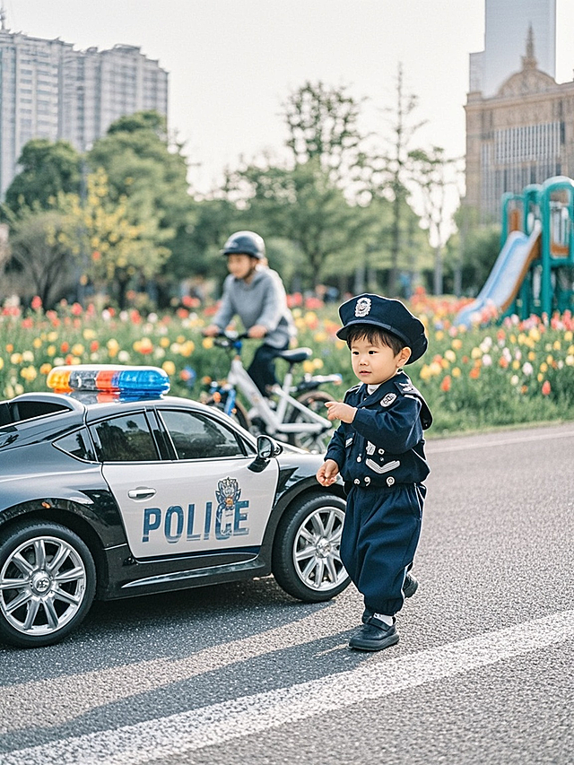 一位可爱俏皮的警察小宝贝，穿着小警服，在执行任务，旁边有一辆警车