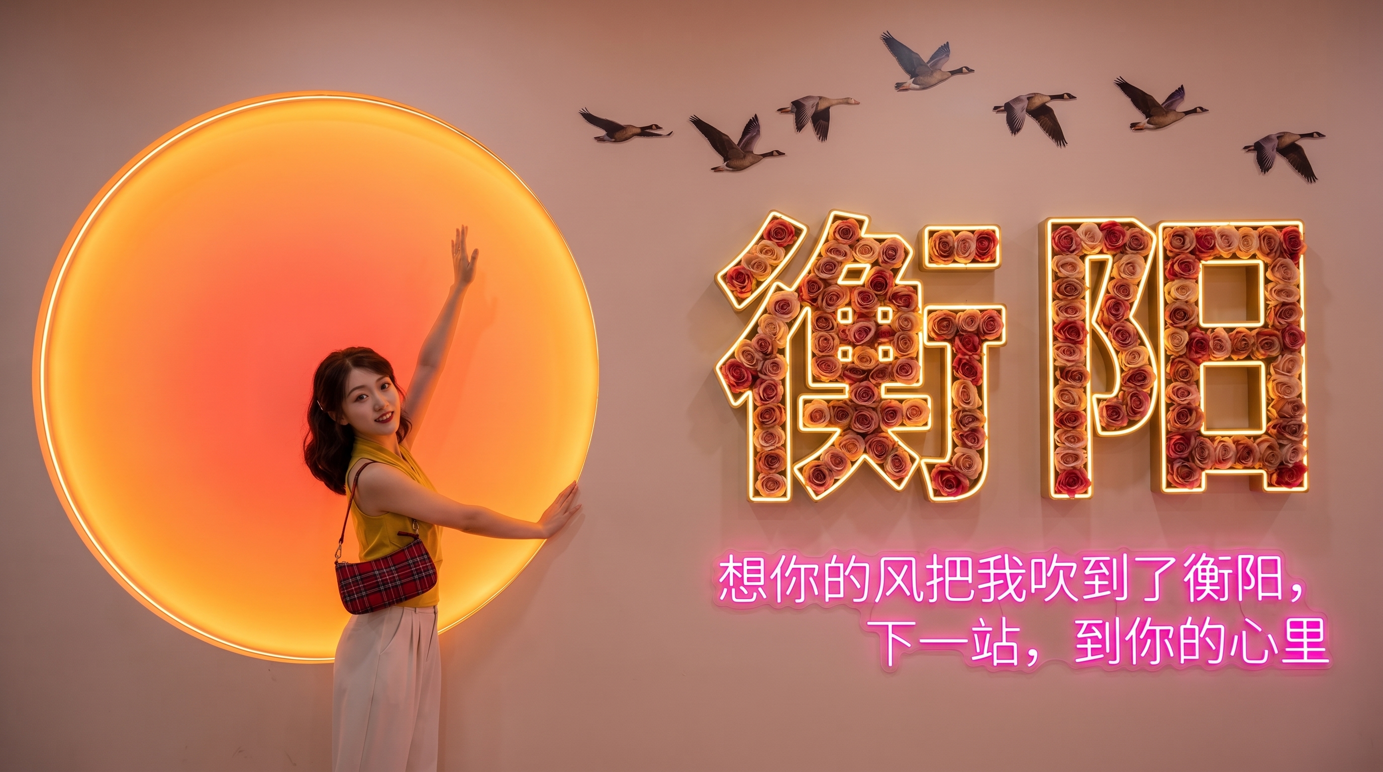 衡阳文旅打卡墙，两米高圆形发光落日灯发出温暖光芒，一位美女按照… - 图片创意预览