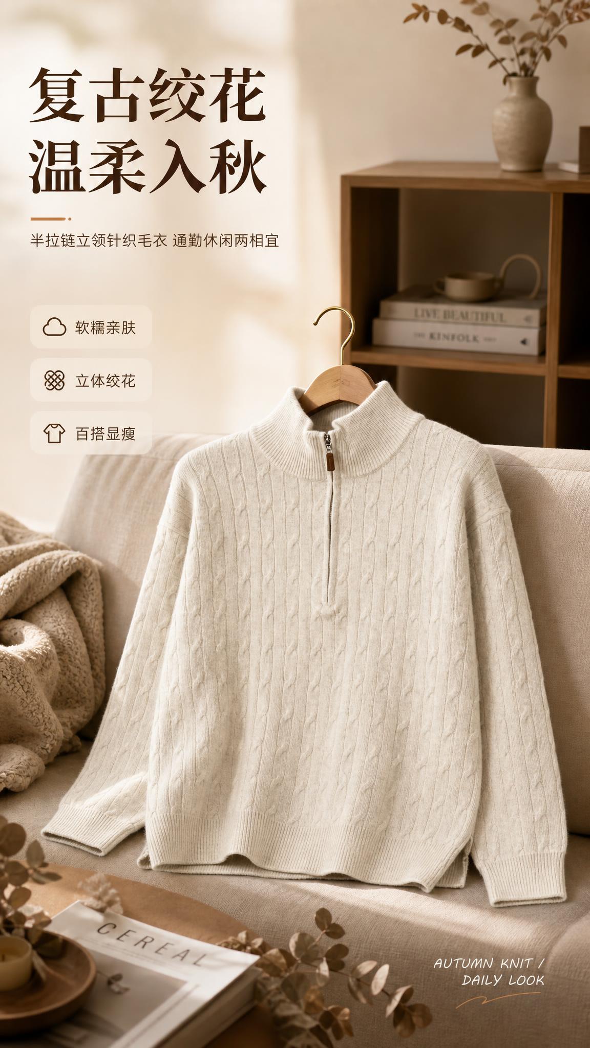 [商品] 使用【图1】米白色半拉链立领绞花针织毛衣；商品处理：… - 图片创意预览