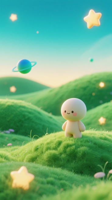 3D渲染风格的童年幻想风背景，蓝绿色渐变天空营造梦境氛围，绿色起伏的毛绒草丘质感软乎乎、毛茸茸，浅绿到深绿自然过渡并带有细腻毛绒纹理，背景点缀暖金色渐变发光星星，悬浮着蓝绿渐变小天体，大片层次自然的嫩预览效果