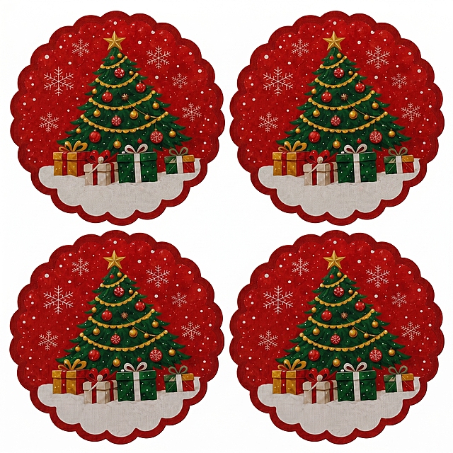 [Main Image 1] 4pcs Christmas tree round placemat full display front page.
[Atmosphere Style] Festive warm Christmas holiday atmosphere, clean minimalist style.
[Image Quality] Commercial photography texture, soft and bright light, clear and realistic product, clean and advanced picture.
[Elements] Four Christmas tree patterned round placemats are neatly arranged in the center, keep the original red background, green Christmas tree, white snowflake, gift box pattern and scalloped edge design, keep the product appearance (physical structure, material texture, color) completely consistent with the input product image, eliminate any deformation and color difference, fine processing. The product主体占比 is controlled at about 85%, pure white background, no extra decorations, full screen without border.
[Light and Shadow] Soft even studio light, the main light highlights the product outline, auxiliary light fills the shadow, the picture is bright and not gray, the details are clearly visible, no harsh shadow.
[Color Matching] Main color pure white background, product retains original red green gold color matching, the color is bright and coordinated.
[Perspective Composition] Front overlook, the product is centered and full, no cutting, clear hierarchy.
[Text Layout] No extra marketing text or logo, keep the picture clean, meet cross-border platform requirements.
[Proportion Resolution] 1:1 proportion, 2048px * 2048px 4k resolution, super high definition.
[Negative Prompt] Deformation, text confusion, blurred product picture, messy background, watermark, e-commerce platform Logo, Chinese characters.