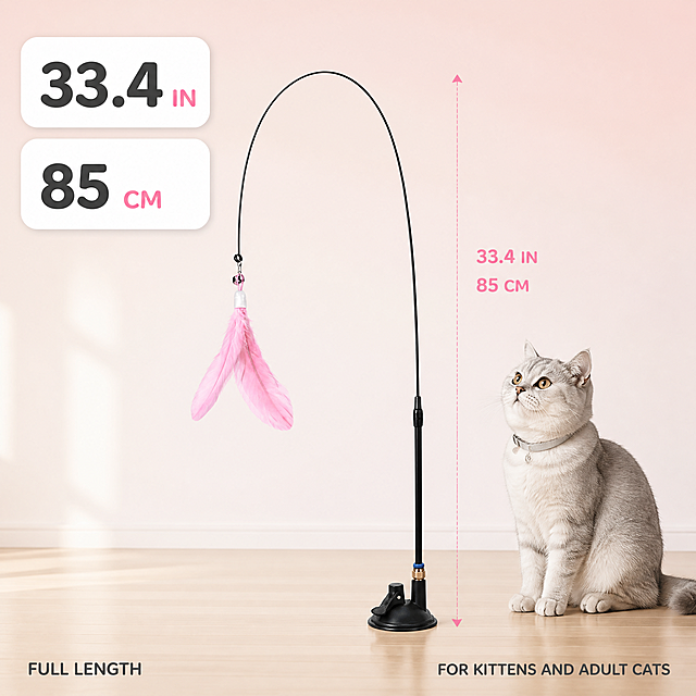 [主图4] 商品名称：Interactive Feather Cat Teaser Toy with Suction Cup Base。主题：尺寸与真实大小，唯一任务：让买家准确感知产品的实际长度与家中占地感，用英寸与厘米双单位标注，不复述玩法与表面适配。
[统一基调] 整套跨境主图统一视觉：暖奶油白到浅藕粉的柔和渐变背景作为主背景色系，辅助色为暖浅灰，强调色取产品羽毛的玫瑰粉，白色圆角卡片配玫瑰粉线性图标，标题字色深炭黑，说明文字暖中灰，全部可见文字使用同一种圆润亲和的无衬线字体（Rounded Soft Sans），大标题最大最粗，说明文字缩小 50% 以上，卡片圆角与图标线宽全套一致。
[画面] 产品完整立于画面中央略偏右：黑色吸盘底座压在浅木色光滑地面上，黑色弹性臂向上弯成一条完整弧线，玫瑰粉色羽毛自弧线顶端垂向左侧，产品占比约 65%；沿产品竖直方向绘制一条细玫瑰粉尺寸引导线，两端带小箭头，线与产品之间留出呼吸空间不压主体；左上角并排两张白色圆角数字卡，主数字为超大号 "33.4 IN"，次数字为 "85 CM"；画面右下角放一只坐姿的银灰渐层短毛猫（圆脸、琥珀色眼睛、浅灰细项圈）作为真实大小参照，猫与产品同框、高度差一目了然，猫与产品均落在地面上不悬浮。
[光影质感] 柔和影棚光与窗光混合，地面有自然的接触阴影与轻微反射，杆身哑光黑质感，羽毛通透，猫的毛发柔和立体。
[配色] 沿用整套奶油白与浅藕粉主色，环境色为浅木色与暖灰，数字卡白色、尺寸线与强调字用玫瑰粉，主数字深炭黑。
[文字版式] 左上数字卡内主数字最大且最粗、单位字母略小；底部左侧小号字 "FULL LENGTH"，底部右侧小号字 "FOR KITTENS AND ADULT CATS"，字体与整套一致、统一横排，文字不遮挡产品与尺寸线。
[输出要求] 1:1 正方形，数字清晰锐利、标注不挤压主体。负向：不要数字错误、不要多个尺寸线、不要产品被裁切、不要变形、不要文字错字、不要水印、不要平台 Logo、不要中文、不要多余道具家具。