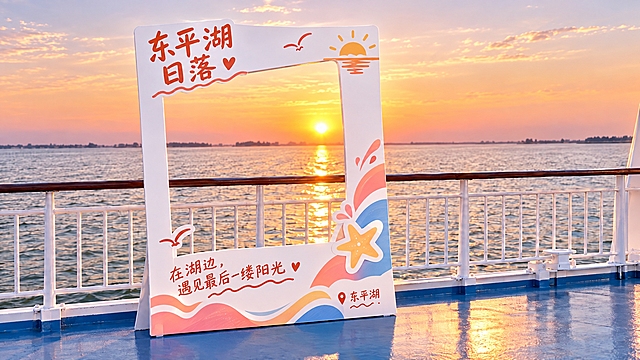 将图2中的打卡牌文字改为看日落主题：左上角主文字改为"东平湖 日落"，底部辅助文字改为"在湖边，遇见最后一缕阳光"，太阳图标改为日落样式，配色调整为暖橙粉日落色调，海星和海浪装饰保留但颜色适配日落氛围，保持原有造型和PVC材质，背景游船甲板栏杆和湖面日落场景保持不变，整体氛围温暖治愈，高清2K