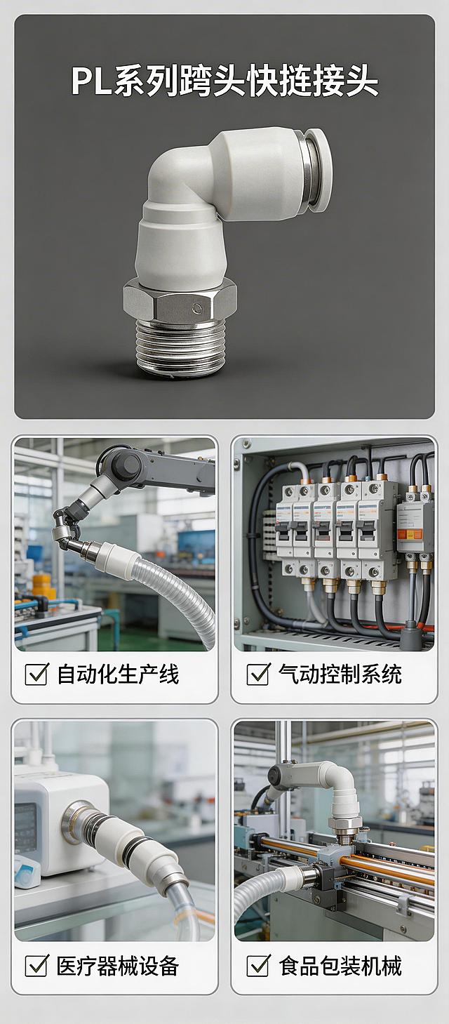 生成PL系列弯头快接应用场景展示淘宝详情页图片，展示该产品适配的多个应用场景：自动化生产线、气动控制系统、医疗器械设备、食品包装机械，每个场景配小图+文字说明，产品保持原有颜色形状不变，整体排版简洁明了，突出产品广泛适配性，风格专业统一。