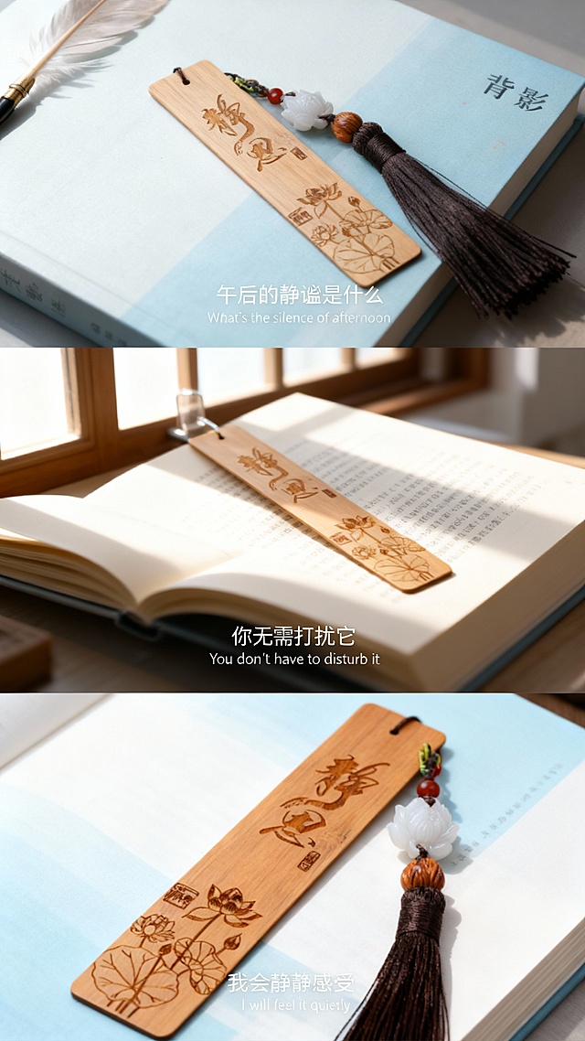 木雕浮雕工艺，工笔风纹样，中式古典韵味，静谧文艺气息，质朴书签与光影交织，传递午后静读之美。