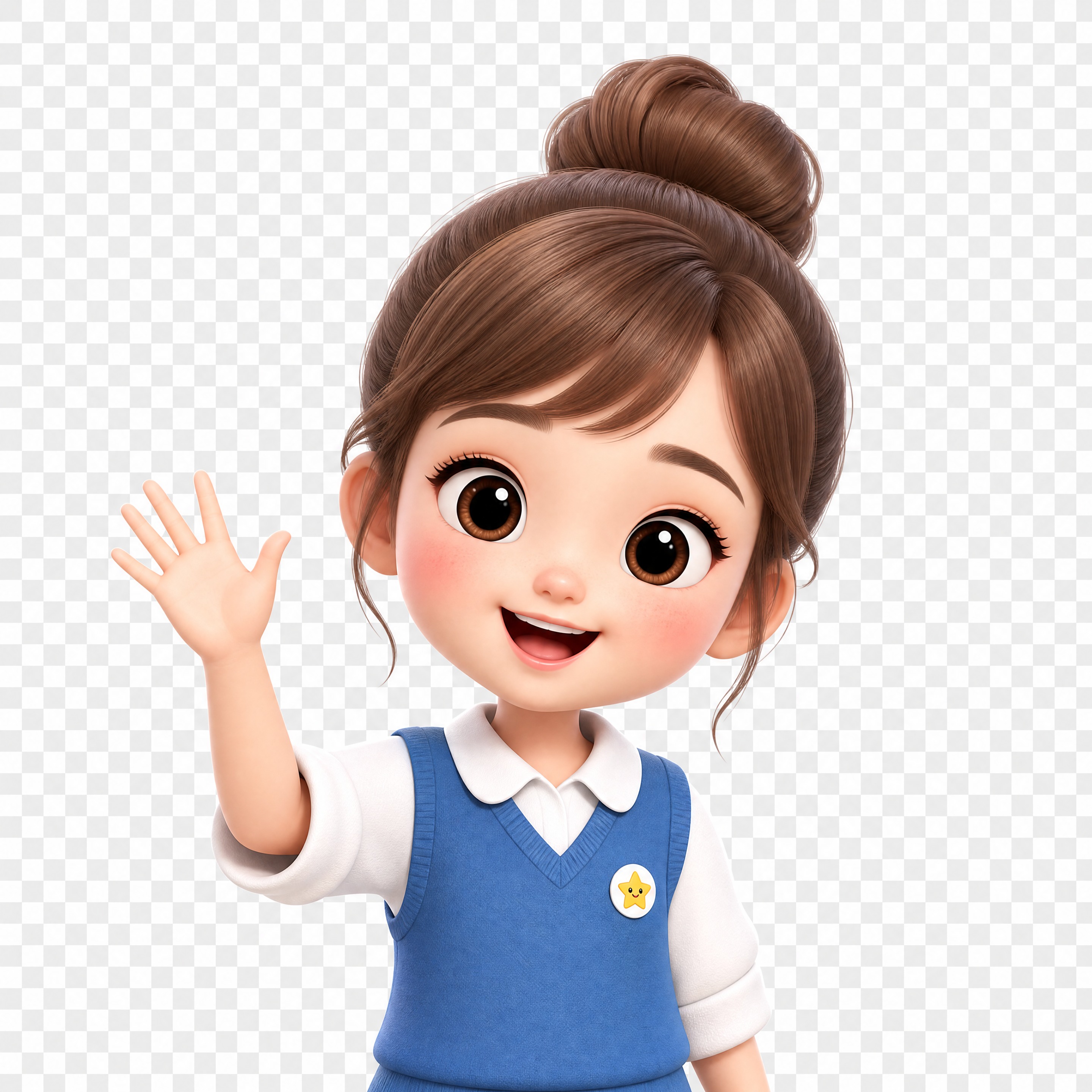 3D卡通风格的小女孩上半身图标，棕色头发扎成丸子头，穿白色上衣… - 图片创意预览