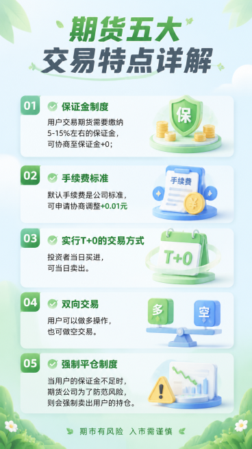 一幅介绍期货五大交易特点的信息图，版式清爽舒服，整体为小清新风格，内容顺序调整为：1保证金制度 2手续费标准 3实行T+0的交易方式 4双向交易 5强制平仓制度。画面包含标题"期货五大交易特点详解"，预览效果