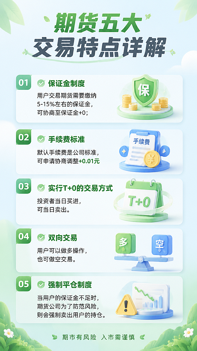 一幅介绍期货五大交易特点的信息图，版式清爽舒服，整体为小清新风格，内容顺序调整为：1保证金制度 2手续费标准 3实行T+0的交易方式 4双向交易 5强制平仓制度。画面包含标题"期货五大交易特点详解"，内容为：1✅ 保证金制度，用户交易期货需要缴纳5-15%左右的保证金，可协商至保证金+0； 2✅ 手续费标准，默认手续费是公司标准，可申请协商调整+0.01元 3✅ 实行T+0的交易方式，投资者当日买进，可当日卖出。 4✅ 双向交易，用户可以做多操作，也可做空交易。 5✅ 强制平仓制度，当用户的保证金不足时，期货公司为了防范风险，则会强制卖出用户的持仓，页面底部标注文字"期市有风险 入市需谨慎"，整体排版清晰，配色清新简约，干净舒适，搭配3D清新图标