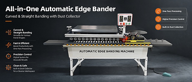 [第1屏] 亚马逊高级A+详情页头图，产品名称为Curved & Straight Edge Banding Machine，本屏使用【图1】作为商品主体。
[氛围/风格] 专业工业风，简约科技感，商业摄影质感，客观真实展示产品。
[元素布局] 全自动封边机居中展示，占比约65%-70%，保留产品原有物理结构、关键部件、材质质感和颜色与原图完全一致；顶部预留大标题区域，左侧放置主卖点标签，背景为低饱和深灰渐变，带有细微金属纹理。
[光影质感] 正面冷调柔光照明，产品轮廓清晰，底部自然投影，金属部件呈现真实高光反射，整体明暗层次分明。
[配色色系] 全局底色 #2A2E33，主色深灰工业风，辅助色为产品本身的白色、橙色、黄色，文字为白色浅灰对比清晰。
[视角构图] 正面45度斜视角，产品为绝对视觉中心，阅读动线从上到下：顶部主标题 → 中部产品 → 底部卖点信息条。
[文字版式] 顶部主标题 "All-in-One Automatic Edge Bander"，副标题 "Curved & Straight Banding with Dust Collector"，字体简洁无衬线，左对齐，大小对比清晰；右侧放置三个短卖点胶囊标签："One-Pass Processing", "Digital Precision Control", "Built-In Dust Collection"，文字不遮挡产品主体；所有文字使用英文，首字母大写规范，无中文字符。
[比例分辨率] 61:25 横版比例，符合亚马逊高级A+电脑端规范，4K分辨率，文字清晰可辨，高清画质。
[负向提示词] 产品变形，结构错误，缺件错件，颜色偏差，文字错乱，文字过小，水印，背景杂乱，中文字符，全大写标题，价格信息，引导好评。